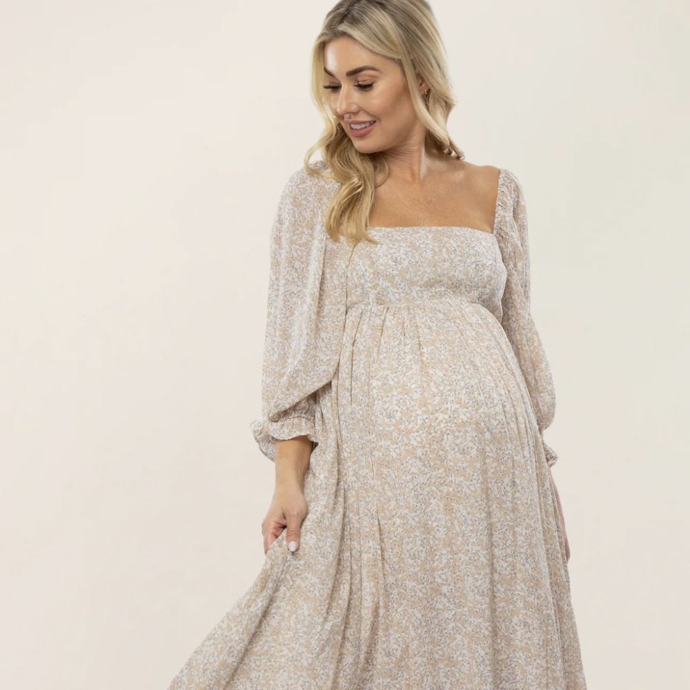 Maternity PinkBlush Beige Chiffon Printed Square NeckEmpire Maternity Maxi Dress